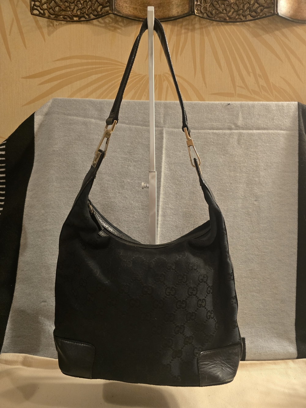 Gucci Black GG Monogram Shoulder Hobo Bag